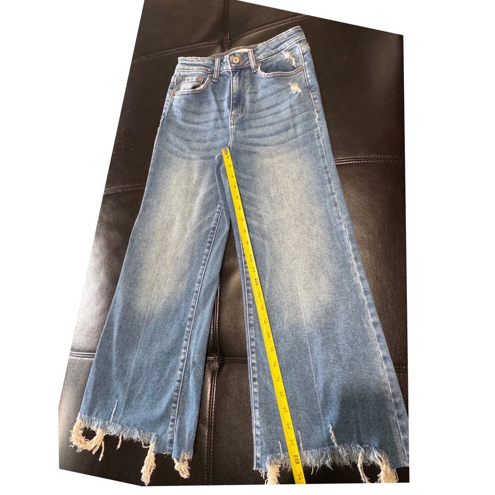 Zenana Wide Leg Jeans Womens 26 Distressed Frayed Hem Blue Cotton Stretch Denim - Picture 3 of 8